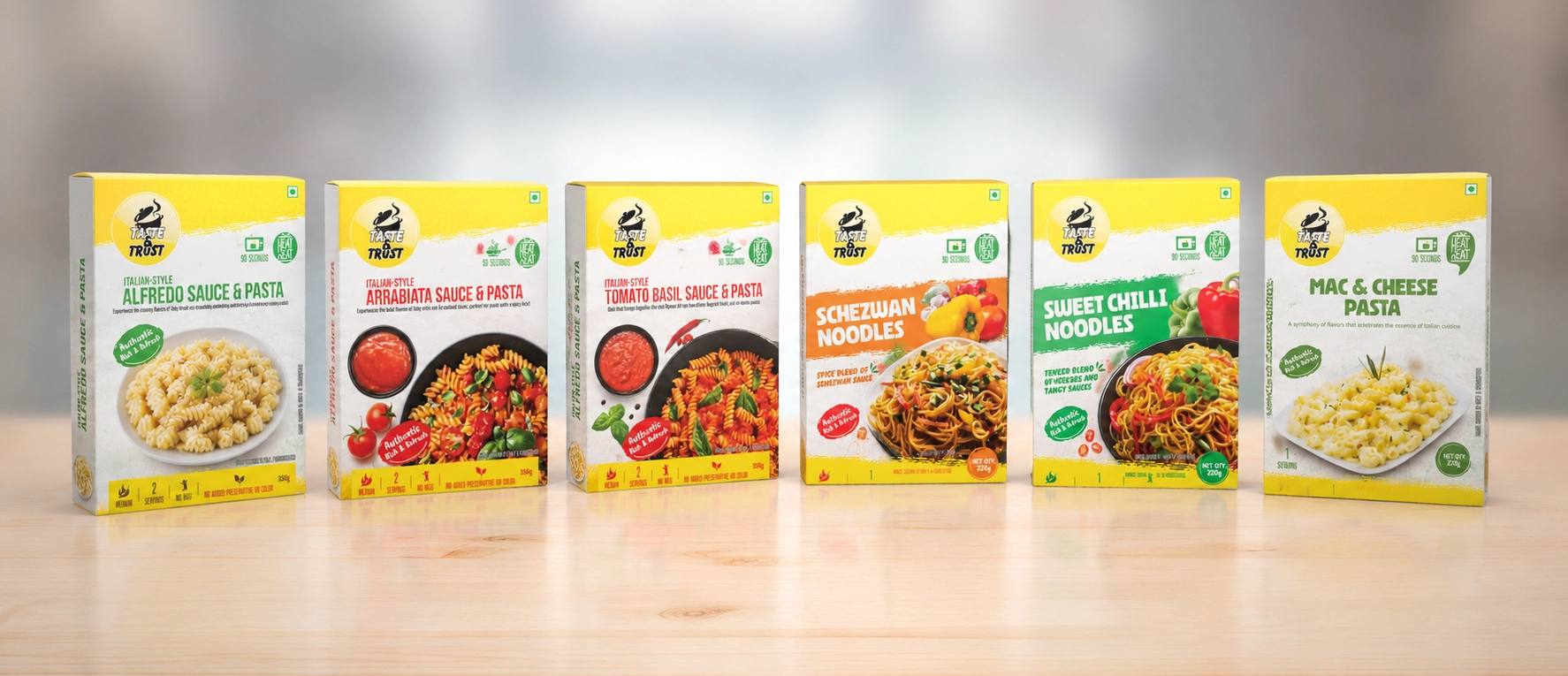 Premium ready-to-eat food manufacturing showcasing pasta and noodle products with quality production standards