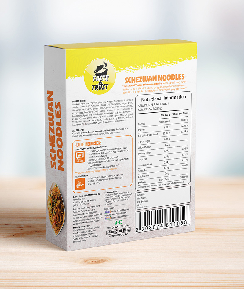 Taste & Trust Ready To Eat Schezwan Noodles packaging showing ingredients and preparation details