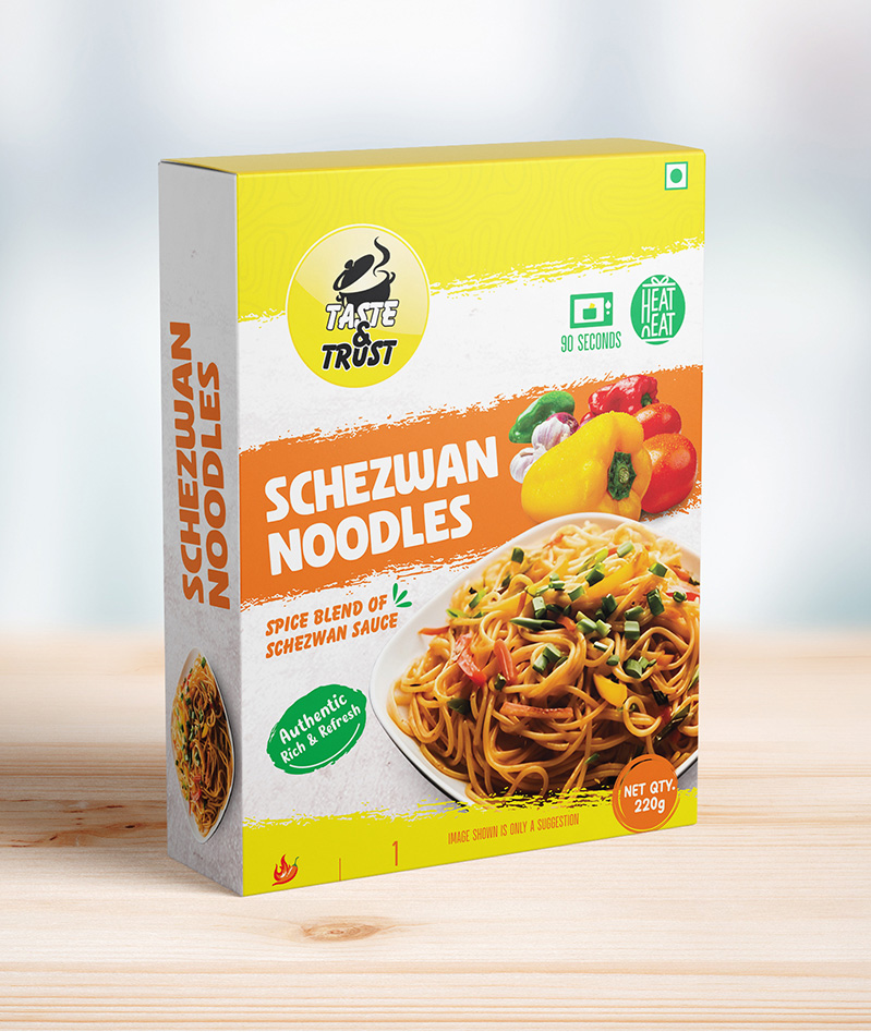 Taste & Trust Ready To Eat Schezwan Noodles front packaging with authentic spicy Indian - Continental flavors