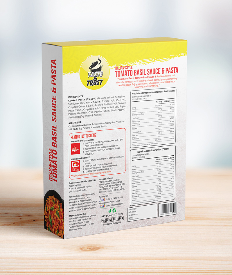 Taste And Trust Tomato Basil Pasta nutritional and product information packaging